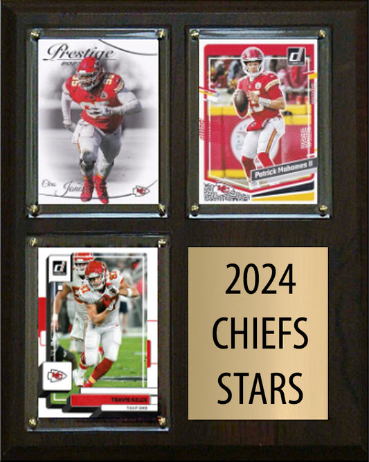 2024 Kansas City Chiefs 3 Card Plaque Donruss Fleer Topps Kelce Mahomes Jones