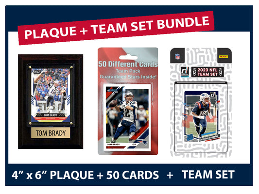 Fan Plaque Mega Pack Tom Brady 4x6 + 50 Card Team Pack + 2023 Donruss New Englands Patriots Team Set