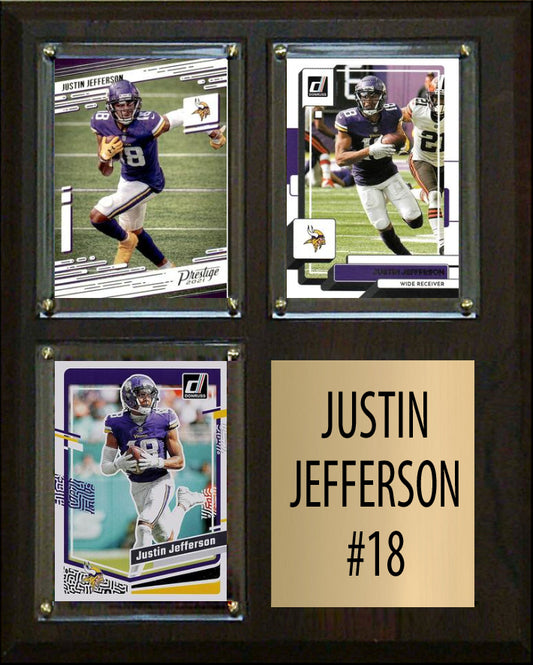 Justin Jefferson 18 3 Card Plaque Donruss Fleer Topps 2023 2024 Minnesota Vikings