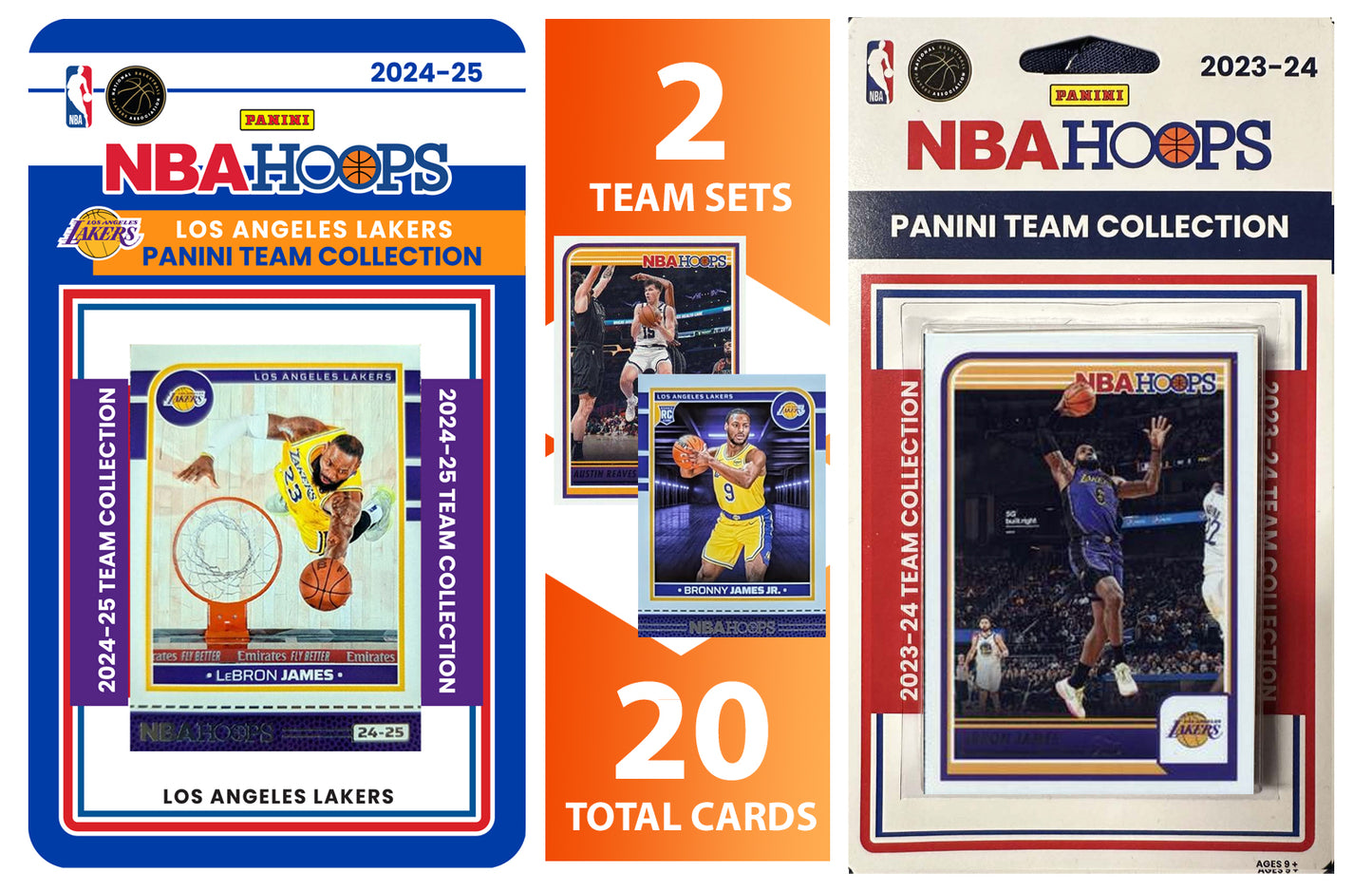 2023 2024 2025 NBA Hoops Factory Sealed NBA Basketball Card 2 Team Set Bundle Los Angeles Lakers - 17 Cards Total - LeBron James, Bronny James RC, Austin Reaves