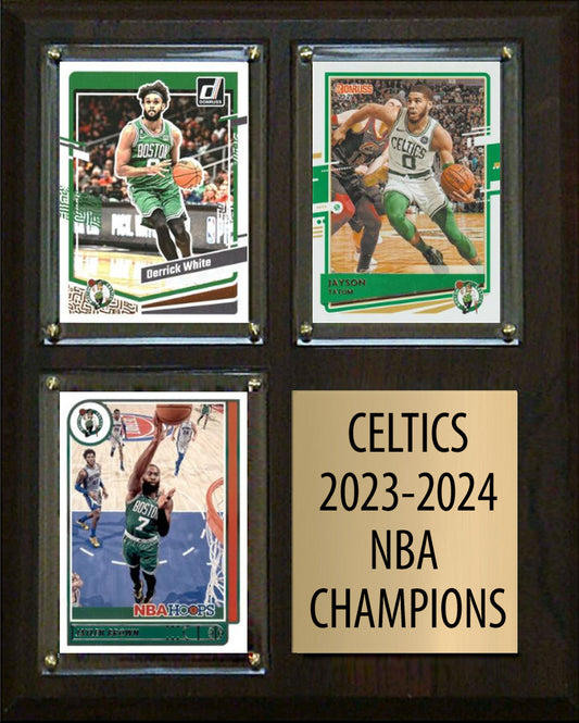 Boston Celtics 2023-24 Championship 3 Card Plaque Donruss Hoops 2023 2024 Jayson Tatum Jaylen Brown White